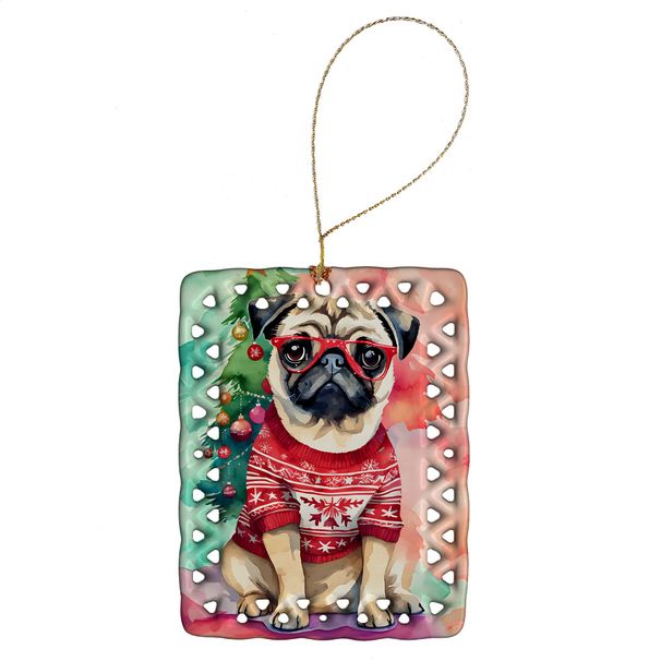 Pug Christmas Porcelain Ornament Christmas Tree Hanging Decorations For Home Christmas Holiday, Rectangle, Gift, Multicolor_maomaolike.com