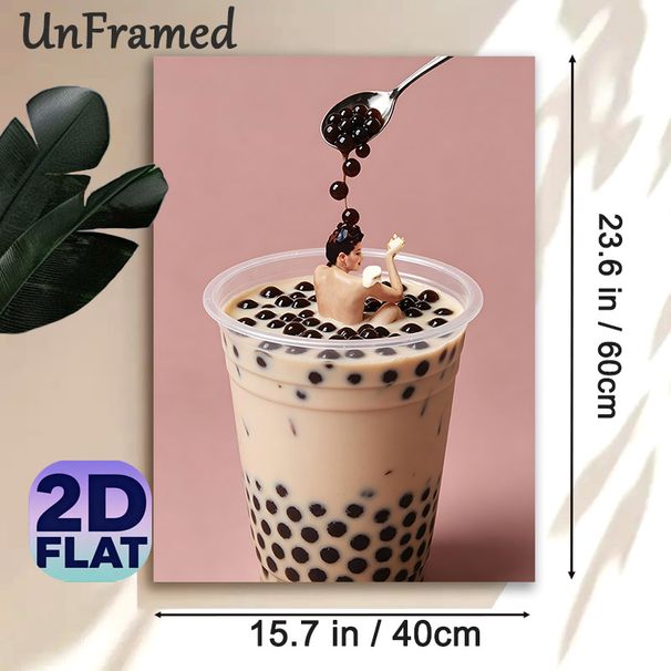 Surreal Boba Milk Tea Painting Poster, Whimsical Artistic Poster, Eye-catching Creative Design Featuring Figure Soaking In Boba Milk Tea, Ideal For_maomaolike.com