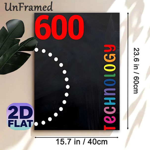 Technology Themed Painting Poster, Vibrant Rainbow Text & Bold Red Number 600 With Dotted Line On Dark Textured Poster, Modern Minimalist Style, Ideal_maomaolike.com