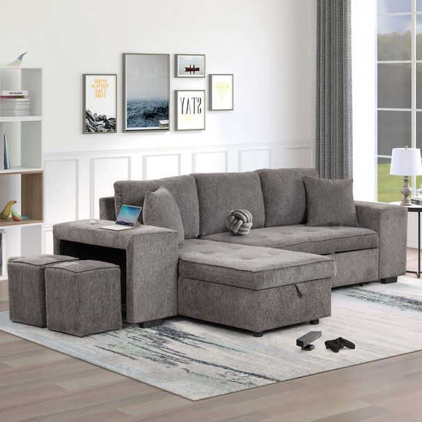 104.5" Pull Out Sleeper Sofa Reversible L-Shape 3 Seat Sectional Couch With Storage Chaise And 2 Stools For Living Room Furniture Set_maomaolike.com