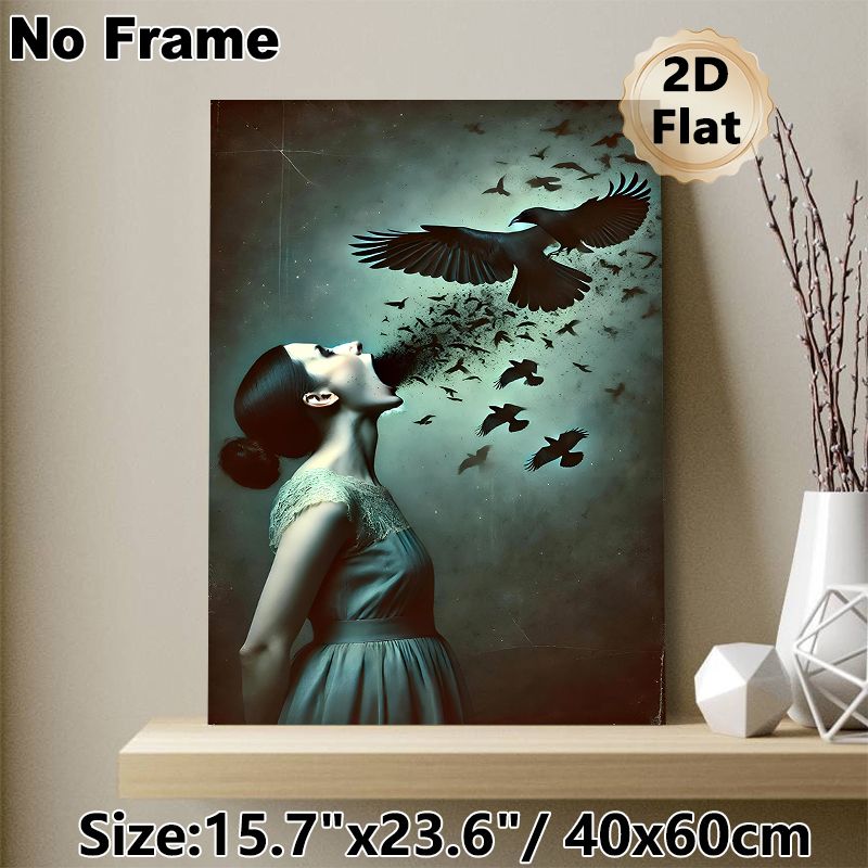 Surreal Crow & Woman Painting Poster, Mysterious Dark Surreal Art Poster, Unique Expressive Design Ideal For Living Room, Art Studio And Modern_maomaolike.com