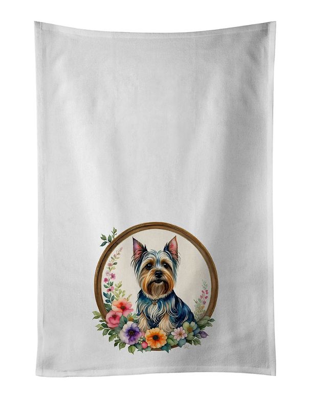 Silky Terrier And Flowers Kitchen Towel Set Of 2 White Dish Towels Decorative Bathroom Hand Towel For Hand, Face, Hair, Yoga, Tea, Dishcloth, 19 X 28", White_maomaolike.com