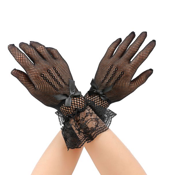 Unisex Ladies fishnet bow lace lace bridal gloves Wedding dress etiquette stage performance gloves_maomaolike.com