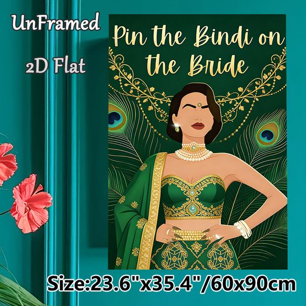Pin The Bindi On The Bride Painting Poster, Luxurious Emerald-Gold Traditional Indian Bridal Poster, Interactive Party Game Decor Ideal For_maomaolike.com