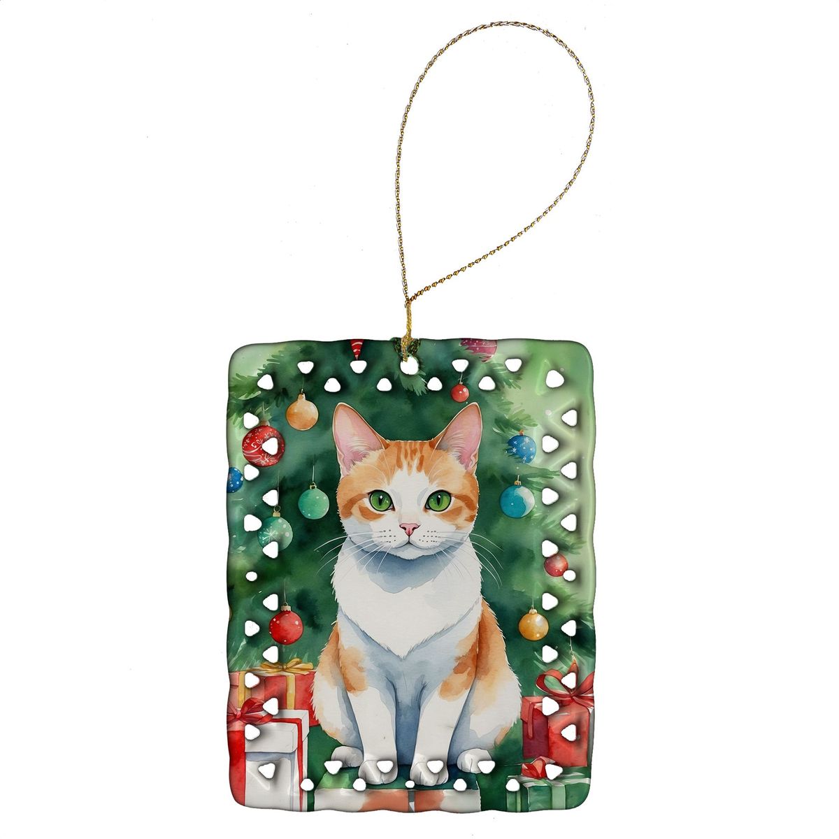 Japanese Bobtail Cat By The Christmas Tree Porcelain Ornament Christmas Tree Hanging Decorations For Home Christmas Holiday, Rectangle, Gift, Multicolor_maomaolike.com