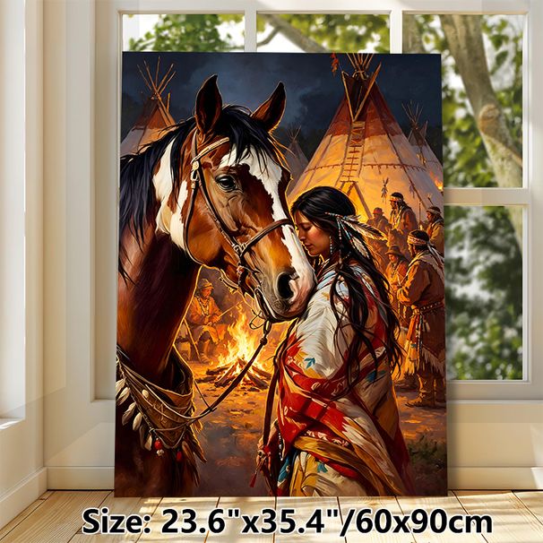 Native American & Horse Themed Painting Poster, Warm-toned Realistic Tribal Scene Poster, Rich Cultural Artwork With Campfire & Tipis, Suitable For_maomaolike.com