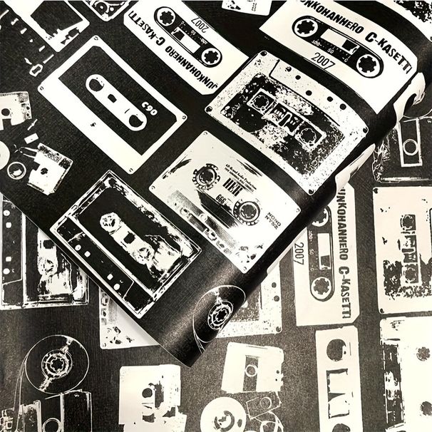 45cm*2000cm Retro Music Tape Wallpaper – Black & White Self Adhesive Wall Paper For Creative Spaces_maomaolike.com