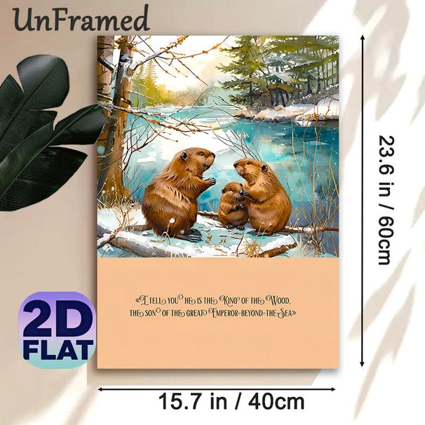 Beaver Family Themed Painting Poster, Soft Watercolor Winter Riverside Scene Poster, Heartwarming Wildlife Design With Inspirational Quote, Ideal For_maomaolike.com