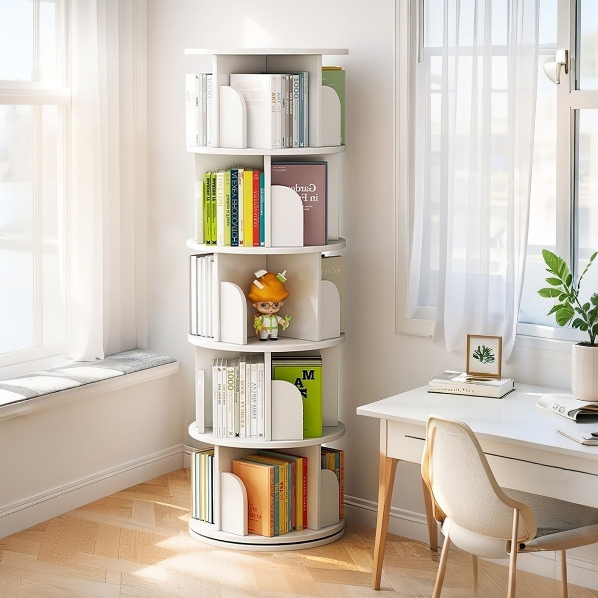 5 Tier Rotating Bookshelf, Display Round Spinning Bookshelf, Space-Saving, Small Space Rotating Bookshelf Tower For Bedroom, Living Room, Home, Office, Warm White_maomaolike.com