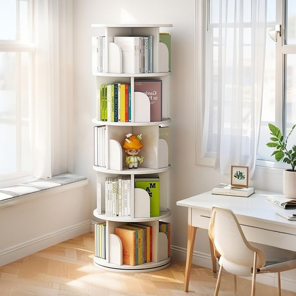 5 Tier Rotating Bookshelf, Display Round Spinning Bookshelf, Space-Saving, Small Space Rotating Bookshelf Tower For Bedroom, Living Room, Home, Office, Warm White_maomaolike.com