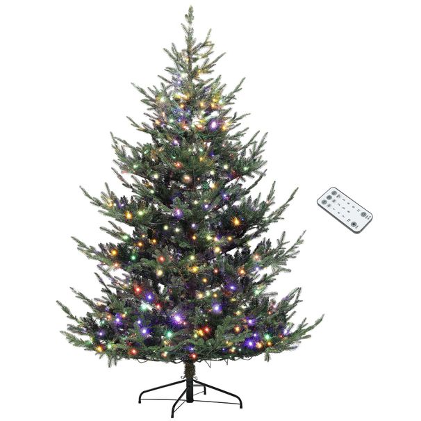 7.5 Ft Prelit Christmas Tree, Nordic Pine Artificial Christmas Tree With 300 Dual Color LED Lights And 1218 Branch Tips, Hinged Xmas Tree With Wide Base For Holiday Party, Green_maomaolike.com