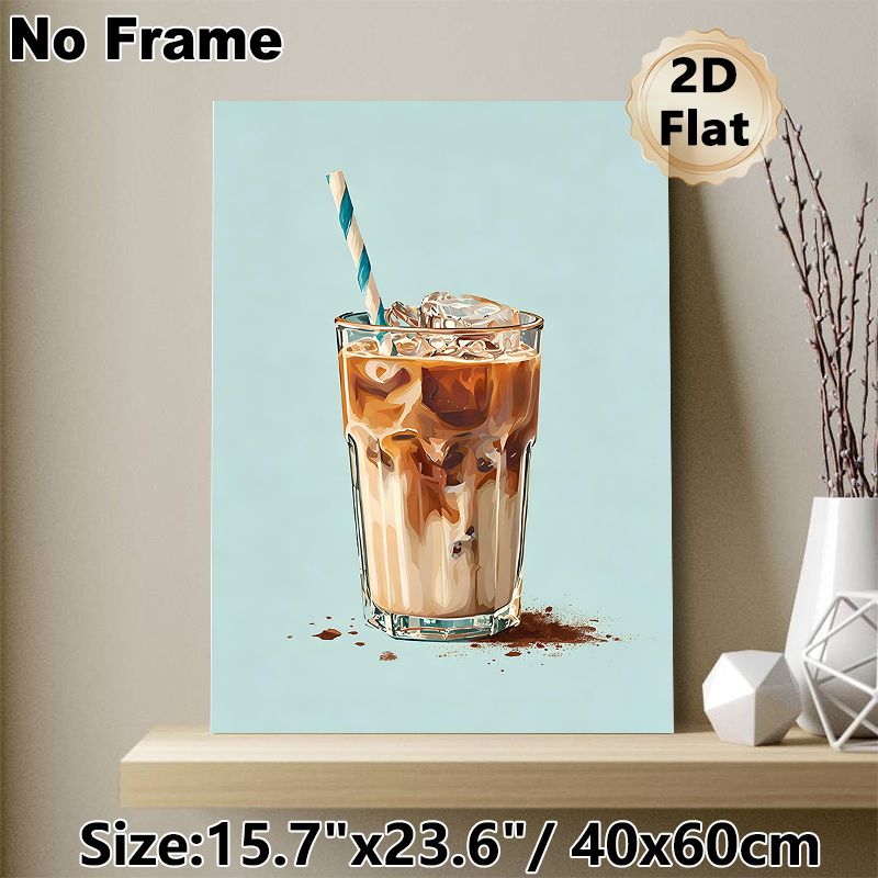 Iced Coffee Painting Poster, Vibrant Artistic Poster, Stylized Creamy Iced Coffee In Glass With Striped Straw And Cocoa Dust Design, Adds Cozy Warm_maomaolike.com