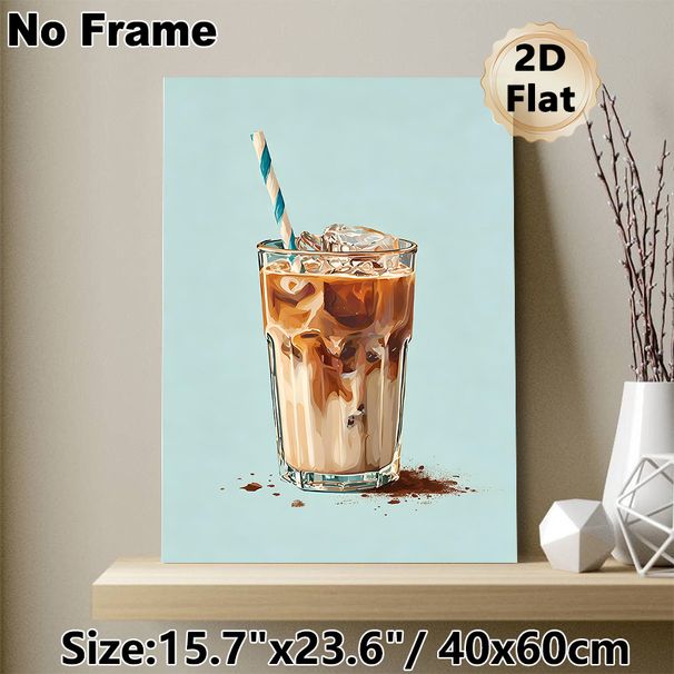 Iced Coffee Painting Poster, Vibrant Artistic Poster, Stylized Creamy Iced Coffee In Glass With Striped Straw And Cocoa Dust Design, Adds Cozy Warm_maomaolike.com