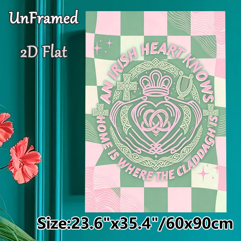 Irish Claddagh Themed Painting Poster, Pastel Pink & Green Checkered Celtic Style Poster, With Cultural Slogan And Ornate Emblems, Ideal For Living_maomaolike.com