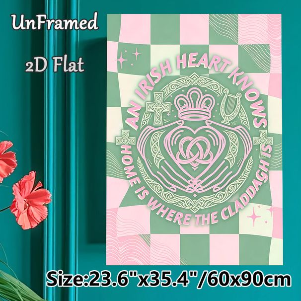 Irish Claddagh Themed Painting Poster, Pastel Pink & Green Checkered Celtic Style Poster, With Cultural Slogan And Ornate Emblems, Ideal For Living_maomaolike.com