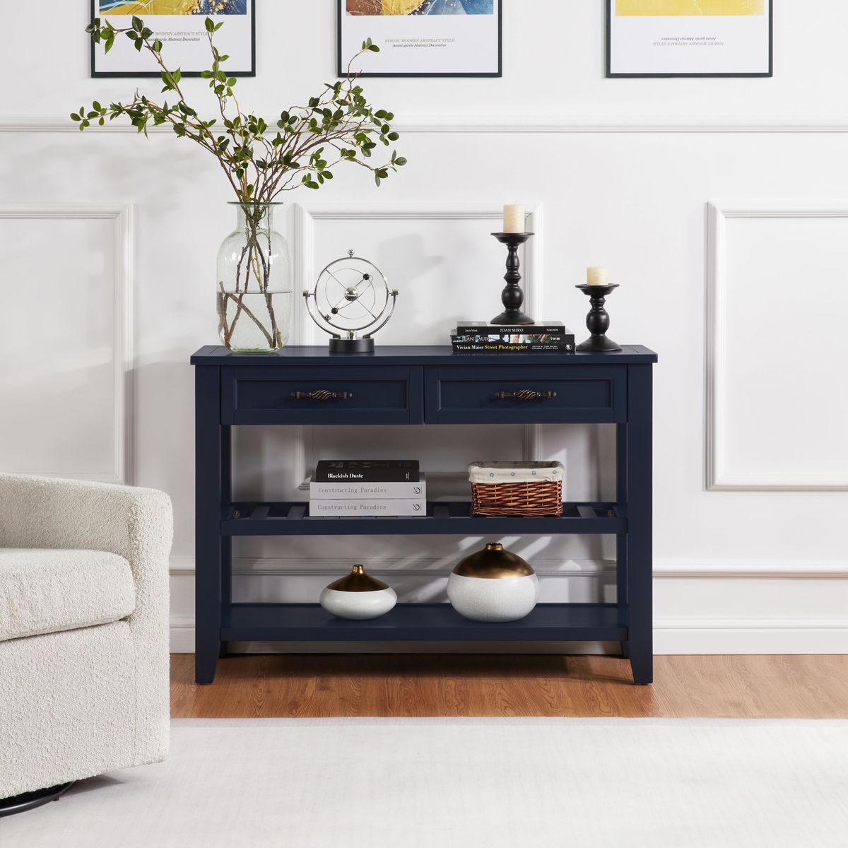Retro Design Console Table With Two Open Shelves, Pine Solid Wood Frame And Legs For Living Room_maomaolike.com