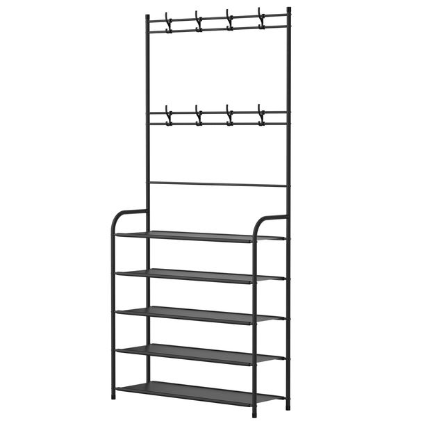 Entryway Coat Hat Rack Shoe Storage Shelf 5 Tier Shoe Rack Freestanding Hall Tree Garment Hanger Stand Clothes Shoe Organizer Combo_maomaolike.com