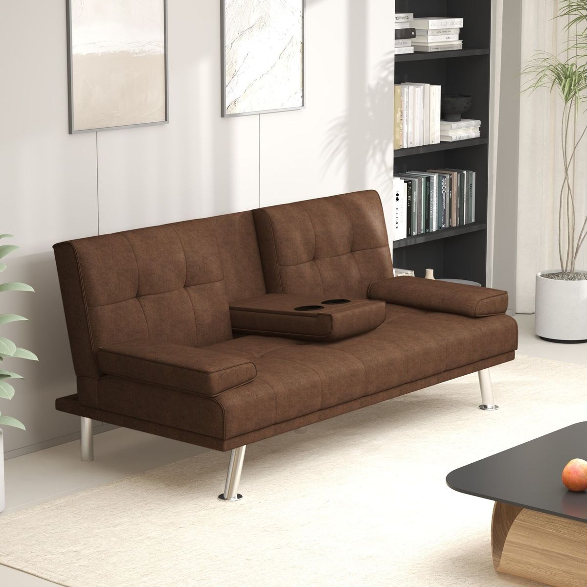 Coffee Micro-suede Technology Cloth 66inch Sleeper Sofa,2-seat Sofa With Cup Holder, Folding Sofa Bed, Accompany Two Head Pillows,_maomaolike.com
