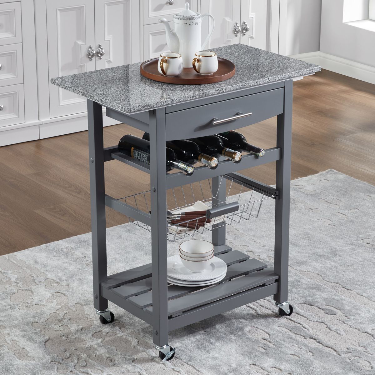 Mobile Rolling Kitchen Island Trolley Serving Cart With Underneath Drawer & Slide-Out Wire Storage Basket_maomaolike.com