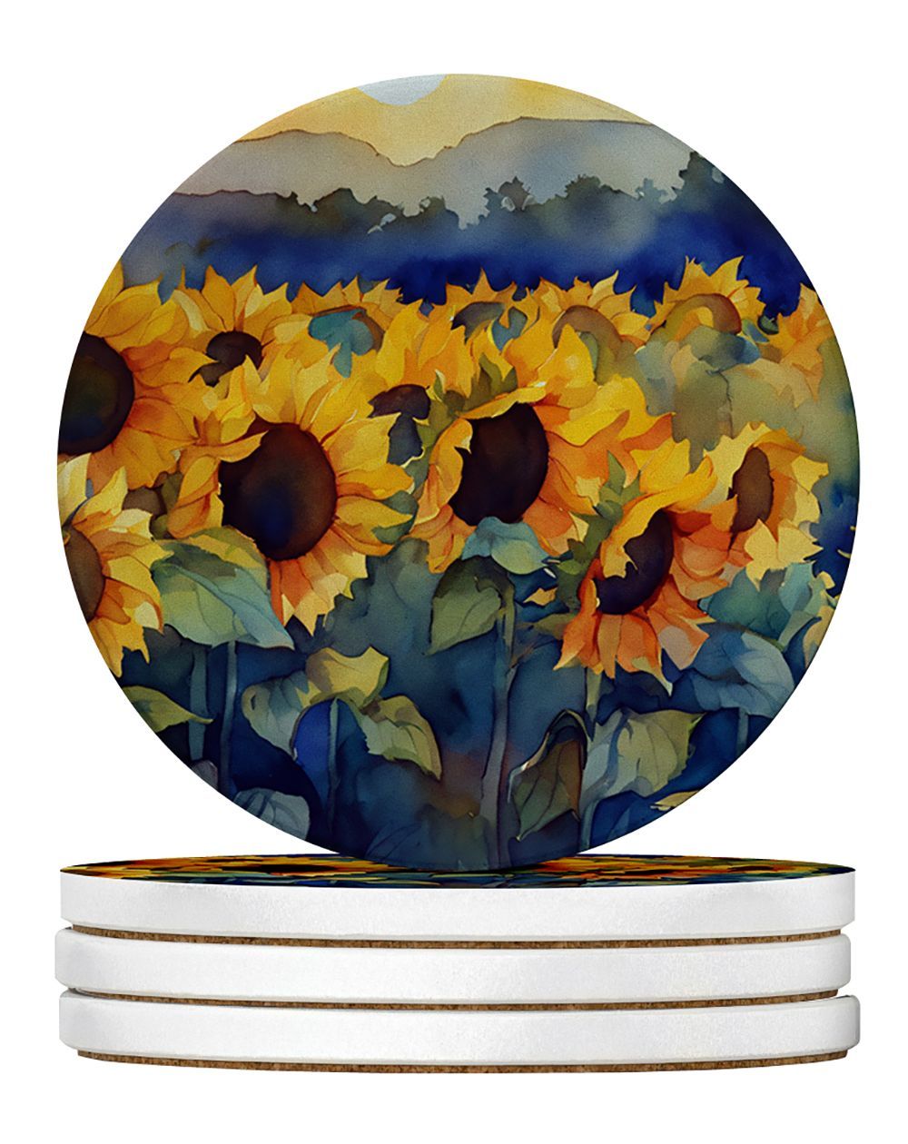 Sunflowers In Watercolor Large Sandstone Coasters Pack Of 4 Absorbent Round Coasters Decor Gifts For Men Or Women, 4 In, Multicolor_maomaolike.com