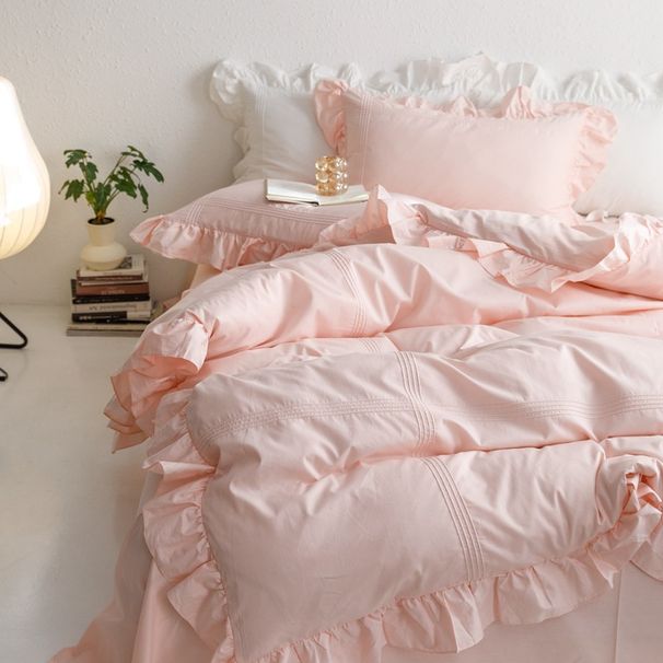 Wholesale INS Korean Style Girly Princess Simple Pure Full Cotton Ruched Ruffle Trim Four-Piece Set_maomaolike.com