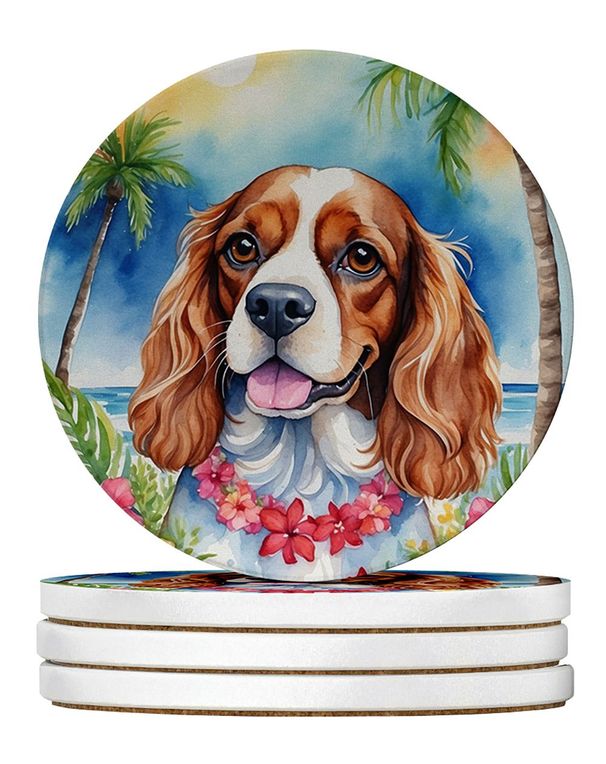 Cavalier Spaniel Luau Large Sandstone Coasters Pack Of 4 Absorbent Round Coasters Decor Gifts For Men Or Women, 4 In, Multicolor_maomaolike.com