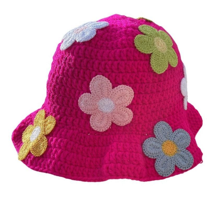 Hot Sale Women Floral Crochet Hat Multi-Color Flower Decor Wide Brim Bucket Caps Skin-friendly Breathable Fisherman_maomaolike.com