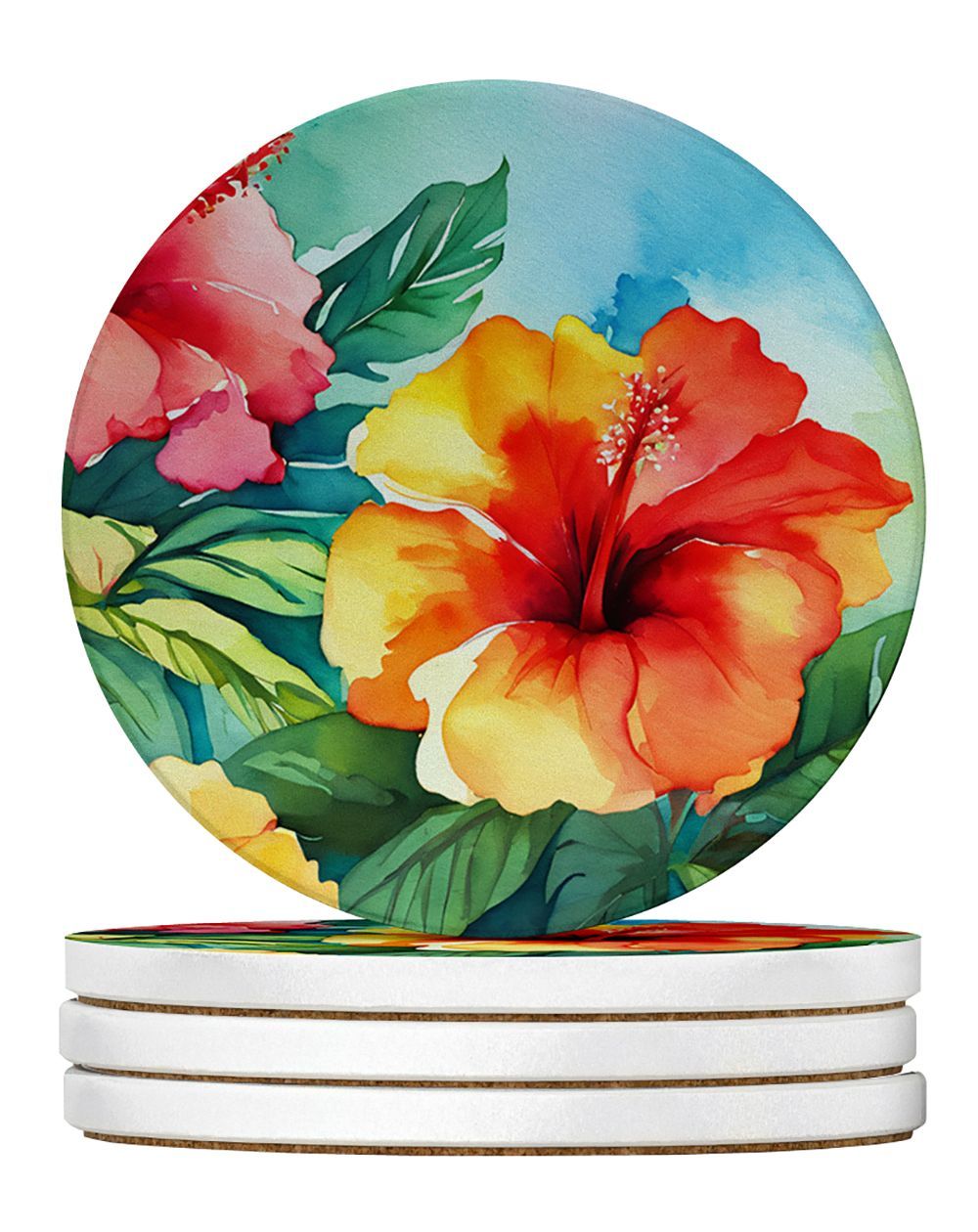 Hawaii Hawaiian Hibiscus In Watercolor Large Sandstone Coasters Pack Of 4 Absorbent Round Coasters Decor Gifts For Men Or Women, 4 In, Multicolor_maomaolike.com