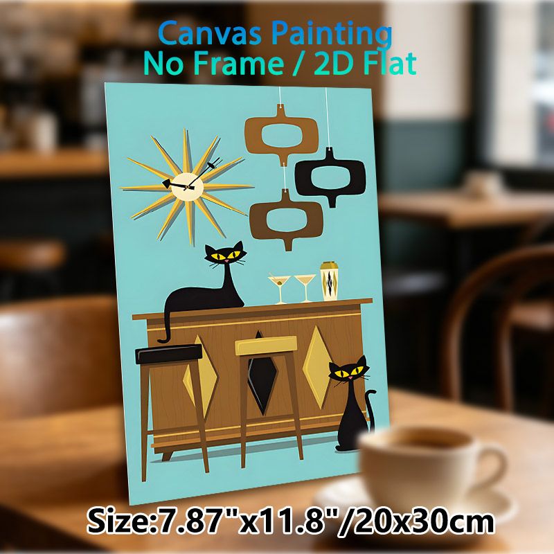 Mid-Century Modern Black Cat Bar Painting Poster, Vintage Stylized Retro Bar Scene Poster, Nostalgic Mid-century Themed Art, Ideal For Home Bar_maomaolike.com