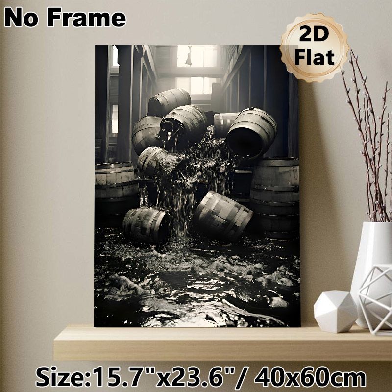 Vintage Wine Barrel Painting Poster, Monochramatic Rustic Warehouse Scene With Spilled Barrels Poster, Atmospheric Nostalgic Decor Ideal For Home Bar_maomaolike.com