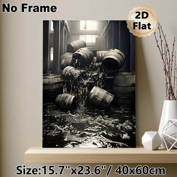 Vintage Wine Barrel Painting Poster, Monochramatic Rustic Warehouse Scene With Spilled Barrels Poster, Atmospheric Nostalgic Decor Ideal For Home Bar_maomaolike.com