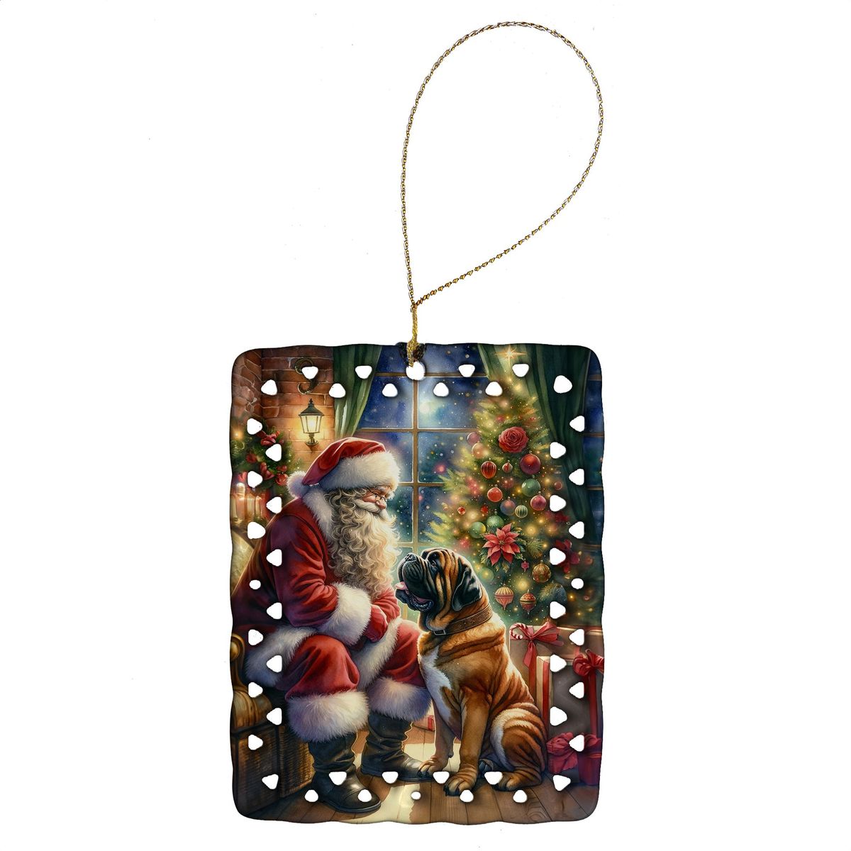 Bullmastiff And Santa Claus Porcelain Ornament Christmas Tree Hanging Decorations For Home Christmas Holiday, Rectangle, Gift, Multicolor_maomaolike.com