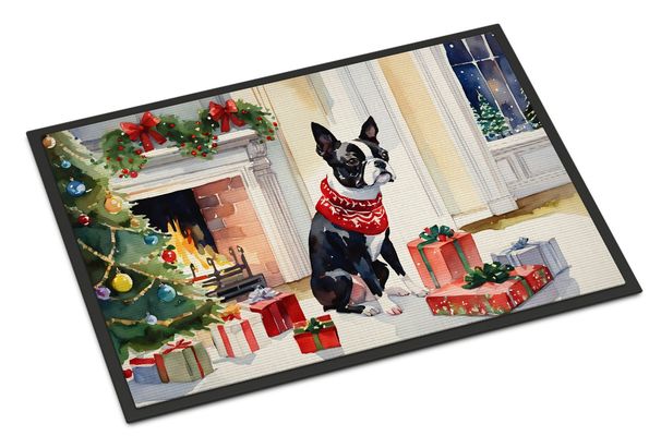 Boston Terrier Cozy Christmas Doormat Front Door Mat Indoor Outdoor Rugs For Entryway, Non Slip Washable Low Pile, 24H X 36W_maomaolike.com