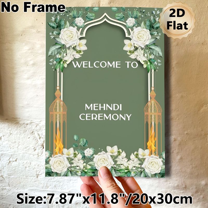 Mehndi Ceremony Welcome Painting Poster, Soft Green Watercolor Floral & Golden Lantern Poster, Elegant Decorative Sign Ideal For Mehndi Ceremony_maomaolike.com