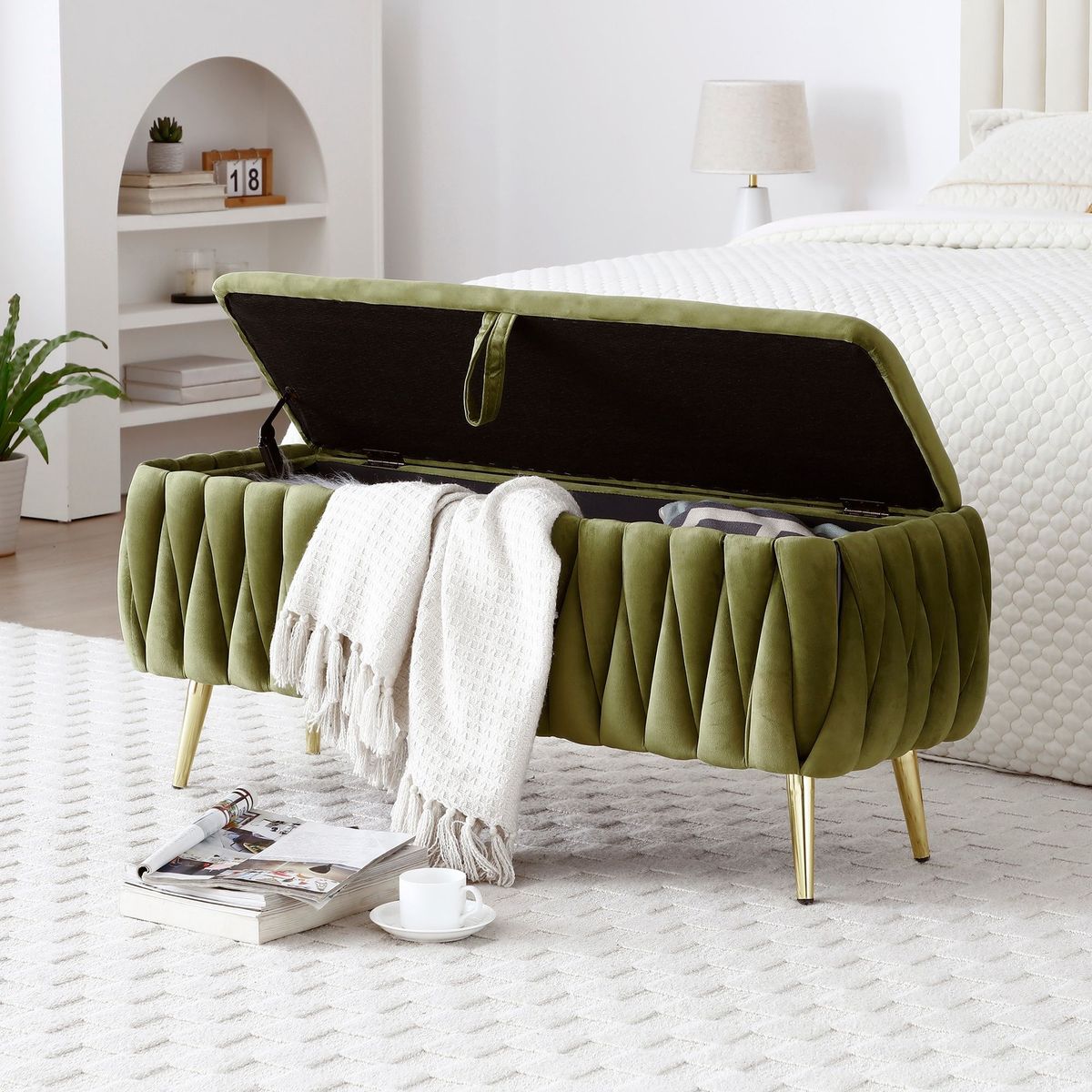 Oval Storage Bench With Gold Legs,Velvet Fabric ,Woven,Upholstered Ottoman Storage Benches For Bedroom End Of Bed,Sherpa Fabric Bench For Living Room,Dining Room,Entryway,Bed Side,Olive Green_maomaolike.com