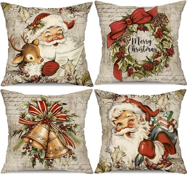 Christmas Pillow Covers 18x18 Inch Set Of 4 Santa Claus Reindeer Decorative Vintage Throw Pillow Covers Winter Retro Farmhouse Decoration For Home Couch BTHZ-140B18_maomaolike.com
