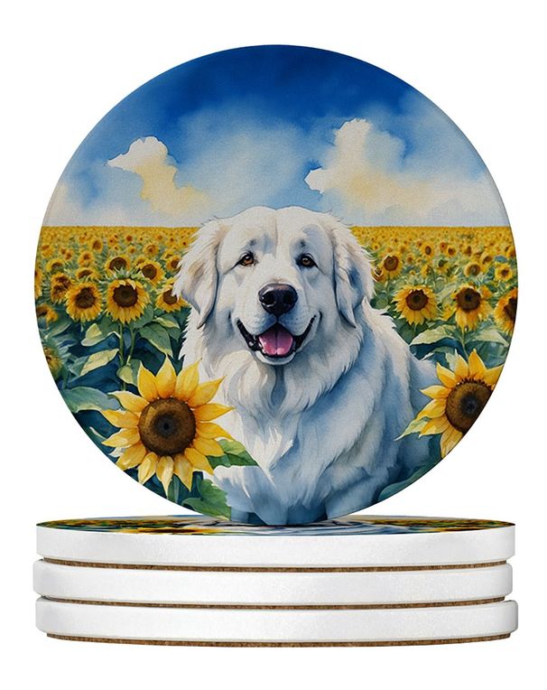 Great Pyrenees In Sunflowers Large Sandstone Coasters Pack Of 4 Absorbent Round Coasters Decor Gifts For Men Or Women, 4 In, Multicolor_maomaolike.com