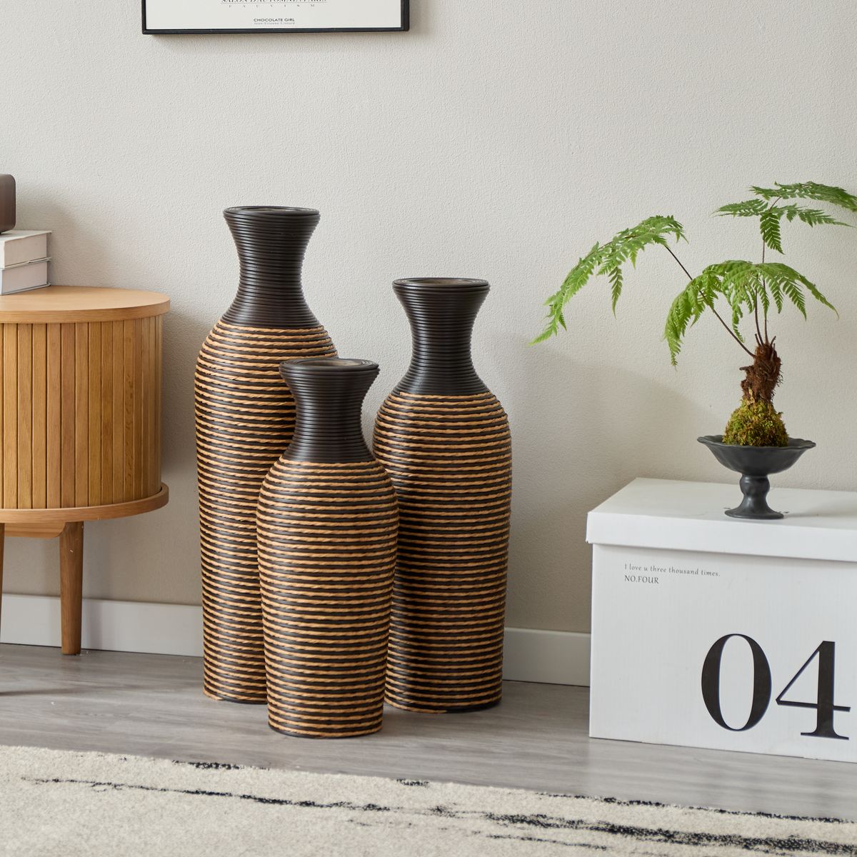 3-piece Set Of Beige+black Decorative Floor Vases, Classic And Neat Floor Vases With High Independent Flower Racks, Artificial Vine Vases, PVC Floor Vases, Home Decoration Flower Racks_maomaolike.com