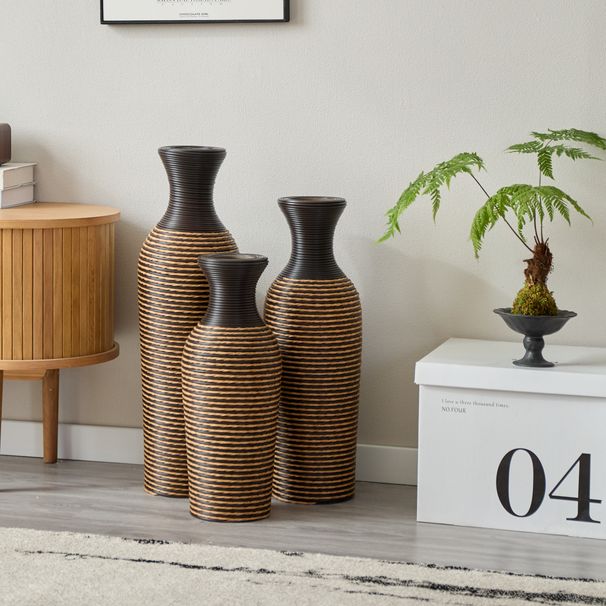 3-piece Set Of Beige+black Decorative Floor Vases, Classic And Neat Floor Vases With High Independent Flower Racks, Artificial Vine Vases, PVC Floor Vases, Home Decoration Flower Racks_maomaolike.com