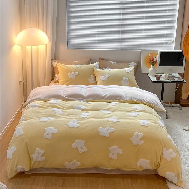Wholesale 3D Jacquard Milk Four-Piece Double-Sided Velvet Autumn Winter Warm Cartoon Coral Fleece Cute 4-Piece Set_maomaolike.com