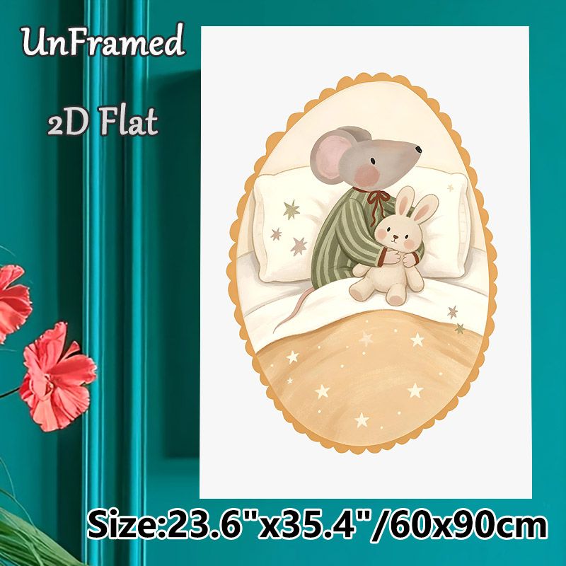 Bedtime Mouse With Bunny Painting Poster, Warm-toned Cute Cartoon Style Poster, Cozy Gentle Design With Star Details, Ideal For Bedroom_maomaolike.com