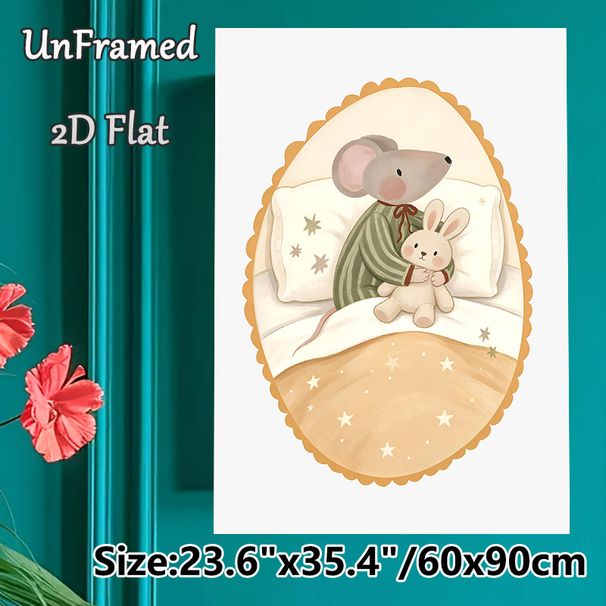 Bedtime Mouse With Bunny Painting Poster, Warm-toned Cute Cartoon Style Poster, Cozy Gentle Design With Star Details, Ideal For Bedroom_maomaolike.com