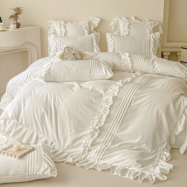 Wholesale INS Korean Skin-Friendly Soft Solid Color Washed Cotton Four-Piece Princess Style Ruffled Edge 4-Piece Set_maomaolike.com