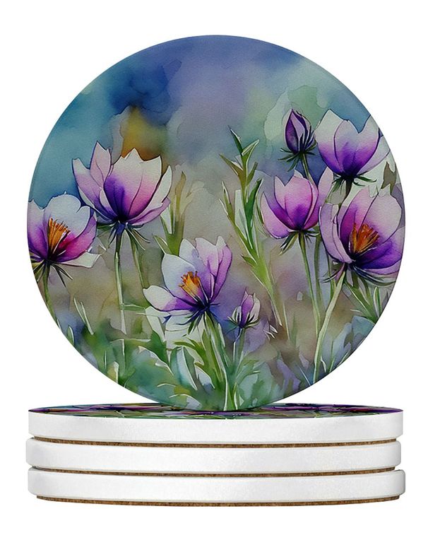 South Dakota Pasque Flowers In Watercolor Large Sandstone Coasters Pack Of 4 Absorbent Round Coasters Decor Gifts For Men Or Women, 4 In, Multicolor_maomaolike.com
