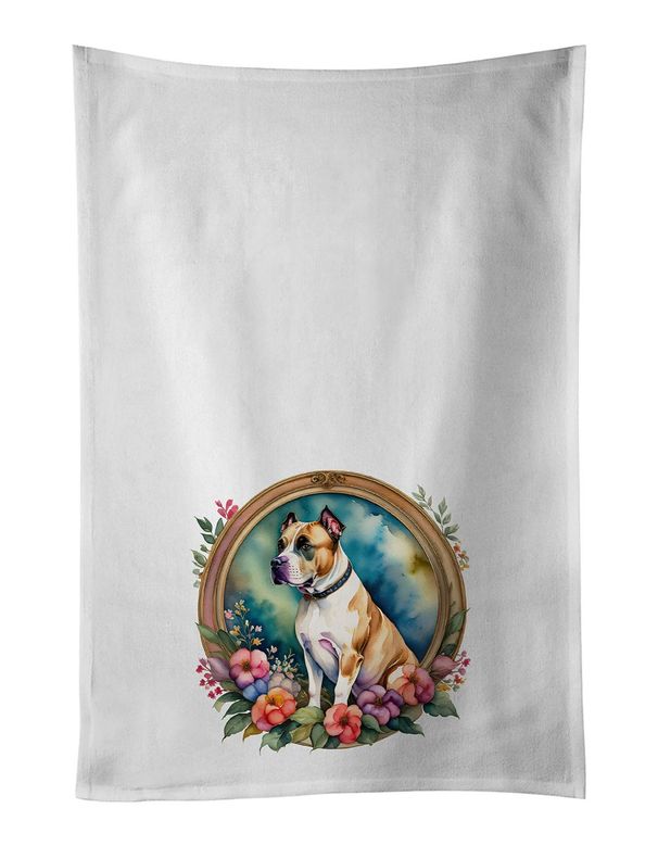 American Staffordshire Terrier And Flowers Kitchen Towel Set Of 2 White Dish Towels Decorative Bathroom Hand Towel For Hand, Face, Hair, Yoga, Tea, Dishcloth, 19 X 28", White_maomaolike.com