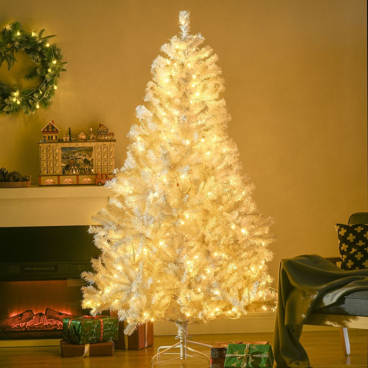 6 Ft Tall Prelit Artificial Christmas Tree Holiday Décor With 638 Branches, 220 Warm White LED Lights, Auto Open, White_maomaolike.com