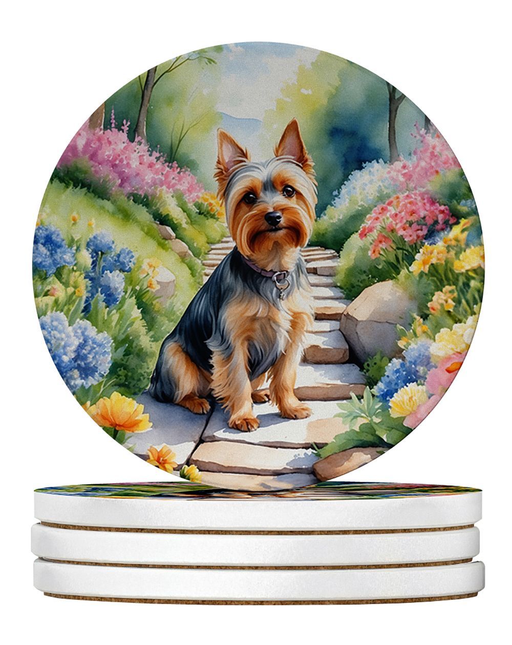 Silky Terrier Spring Path Large Sandstone Coasters Pack Of 4 Absorbent Round Coasters Decor Gifts For Men Or Women, 4 In, Multicolor_maomaolike.com