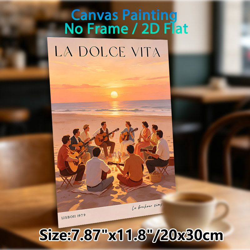 Beach Sunset Musical Gathering Painting Poster, Warm-toned Vintage-style Coastal Scene Poster, Cozy Joyful Social Design, Ideal For Living Room_maomaolike.com