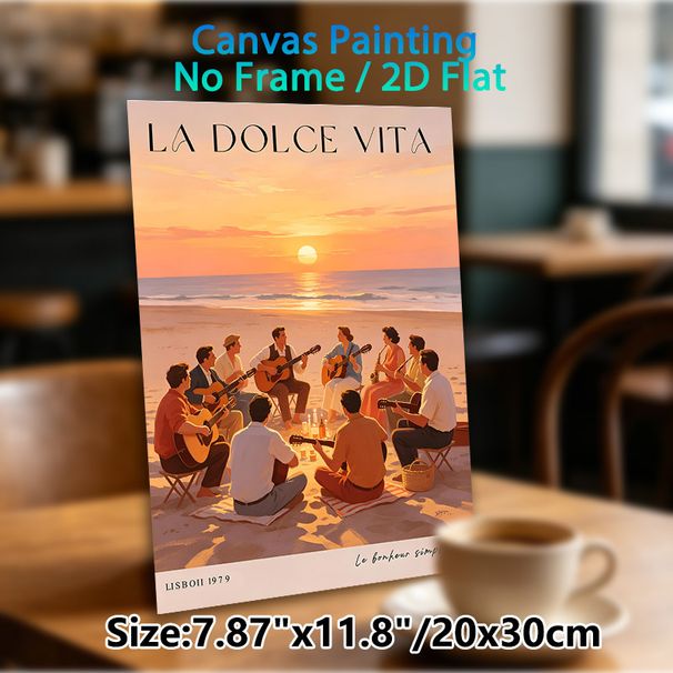 Beach Sunset Musical Gathering Painting Poster, Warm-toned Vintage-style Coastal Scene Poster, Cozy Joyful Social Design, Ideal For Living Room_maomaolike.com