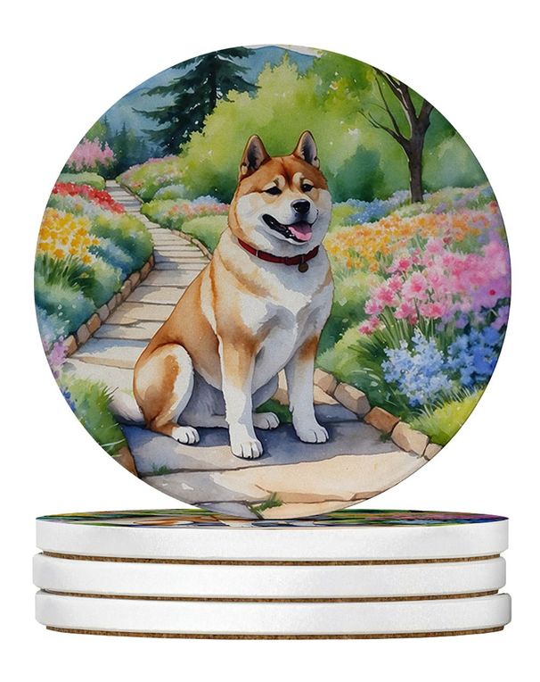 Akita Spring Garden Large Sandstone Coasters Pack Of 4 Absorbent Round Coasters Decor Gifts For Men Or Women, 4 In, Multicolor_maomaolike.com